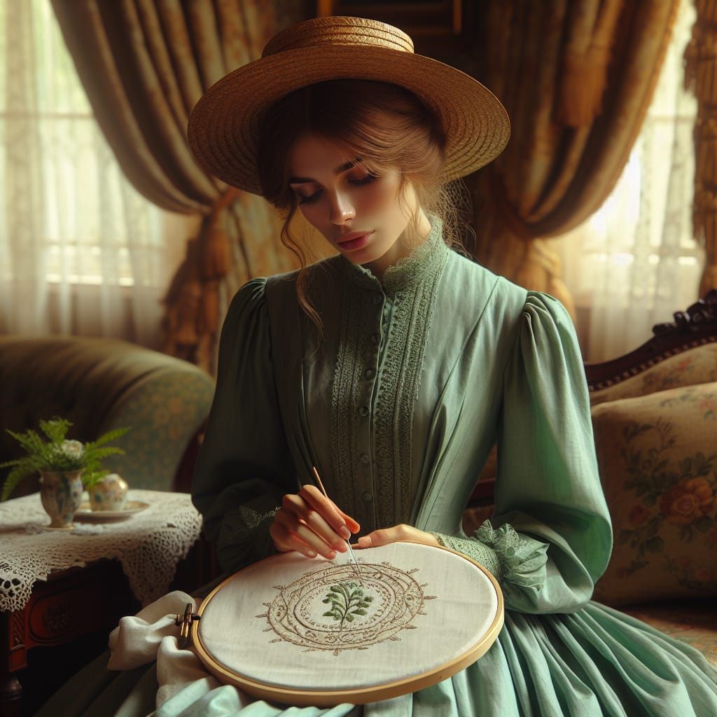 Victorian Woman Embroidering in Cozy Living Room