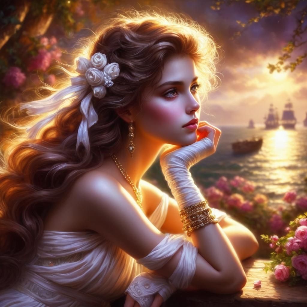 Glowing Maiden in Grecian Garden, Romantic Style