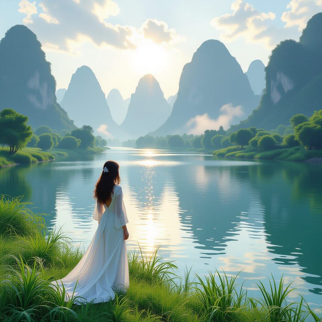 Guilin River Scene with Karst Mountains in Photorealistic St...