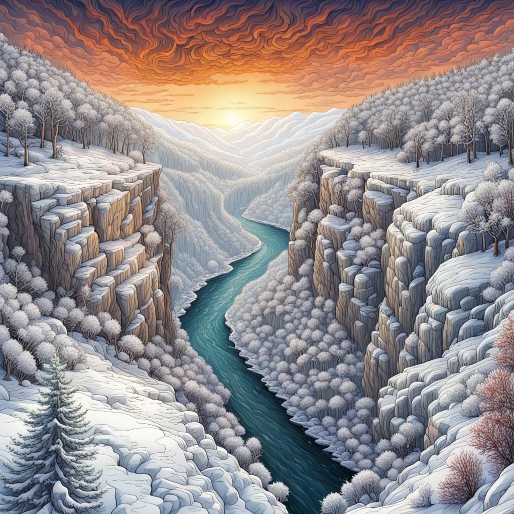 Detailed Pen Drawing of Snowy River Gorge
