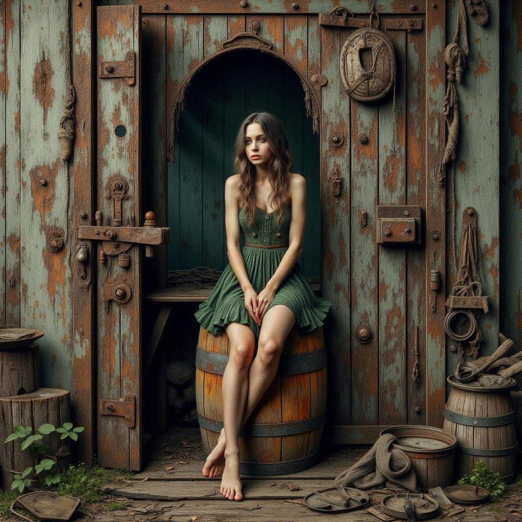 Girl on a Rusty Barrel in Dark Fantasy Style