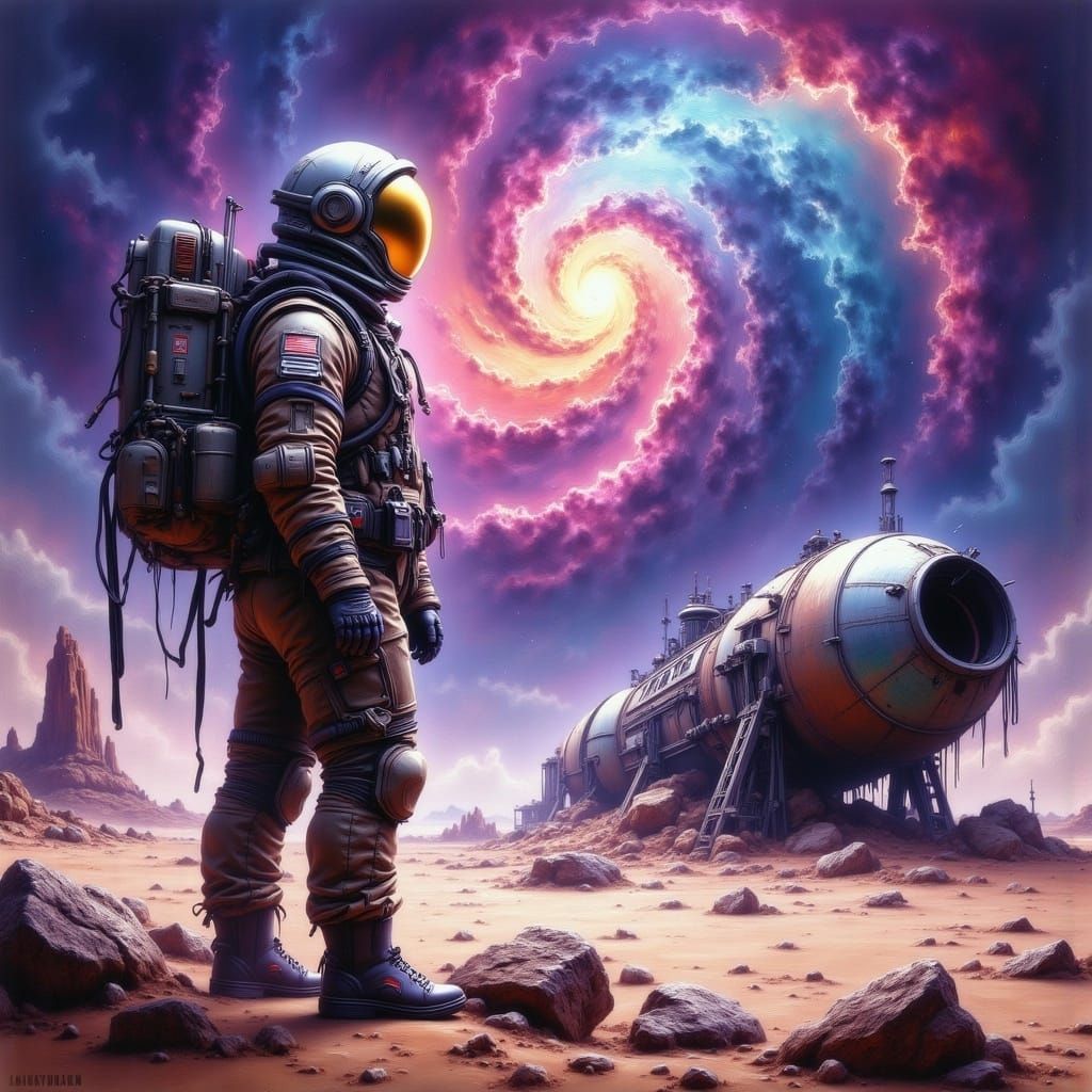 Astronaut Contemplates Nebula on Alien Planet