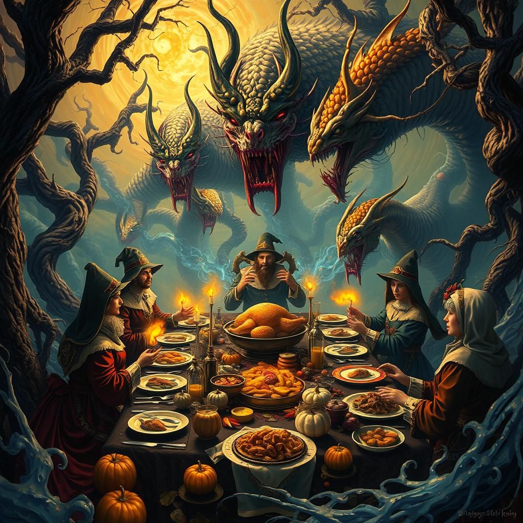 Surreal Thanksgiving Feast with Lovecraftian Horror Elements