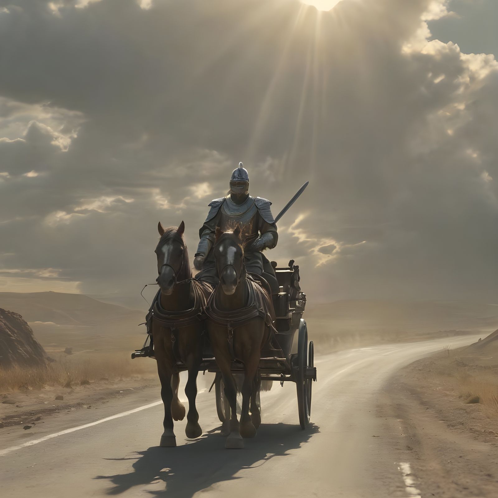 King Rides Horse Buggy with Swords in Sunset
