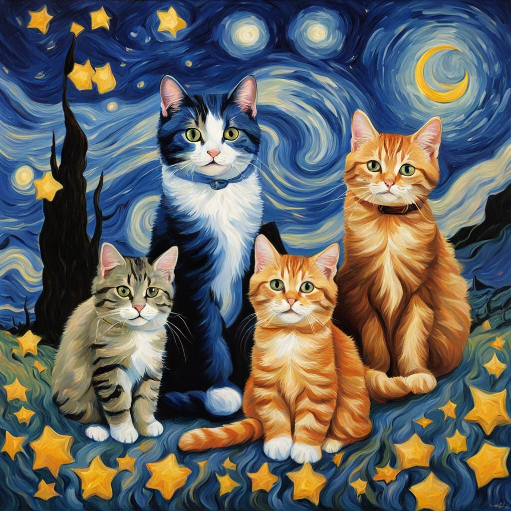 Cats in Starry Night Style Landscape