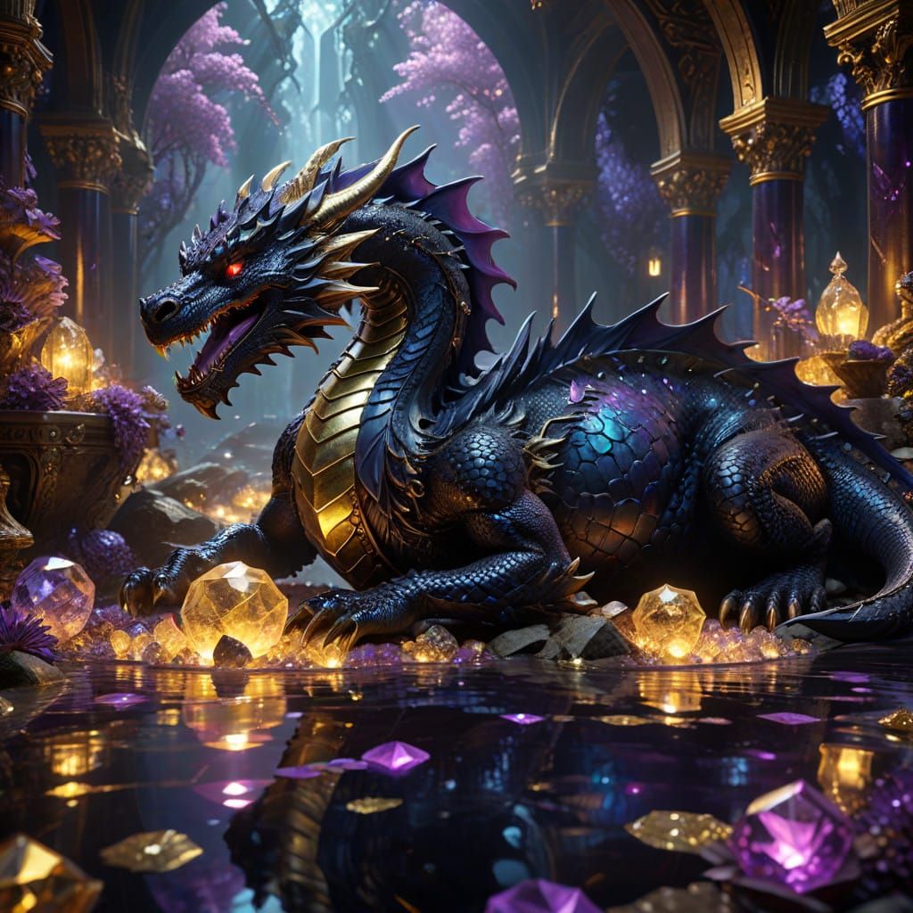Majestic Black Dragon Amidst a Treasure Hoard in a Vast, Cav...