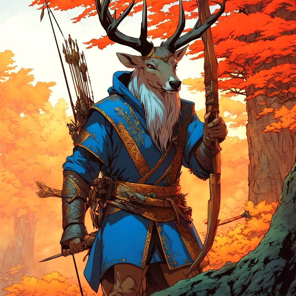 Handsome Young Warrior Rides Red Elk in Ancient Forest