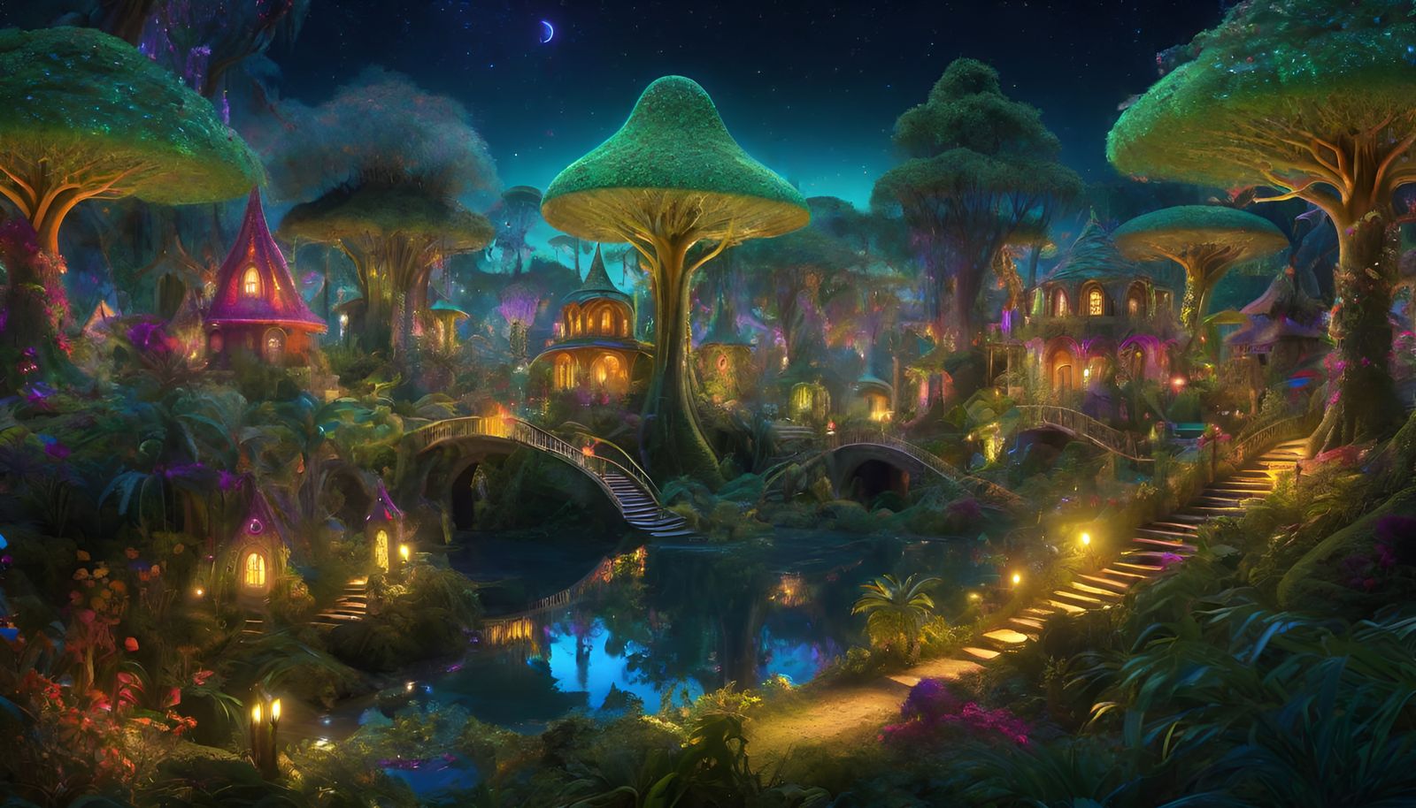 Enchanted Elven Village with Fairies in Psychedelic Forest