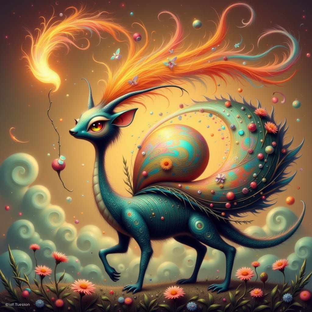 Whimsical Cheetah-Snail Creature Strolls in Dreamlike Landsc...