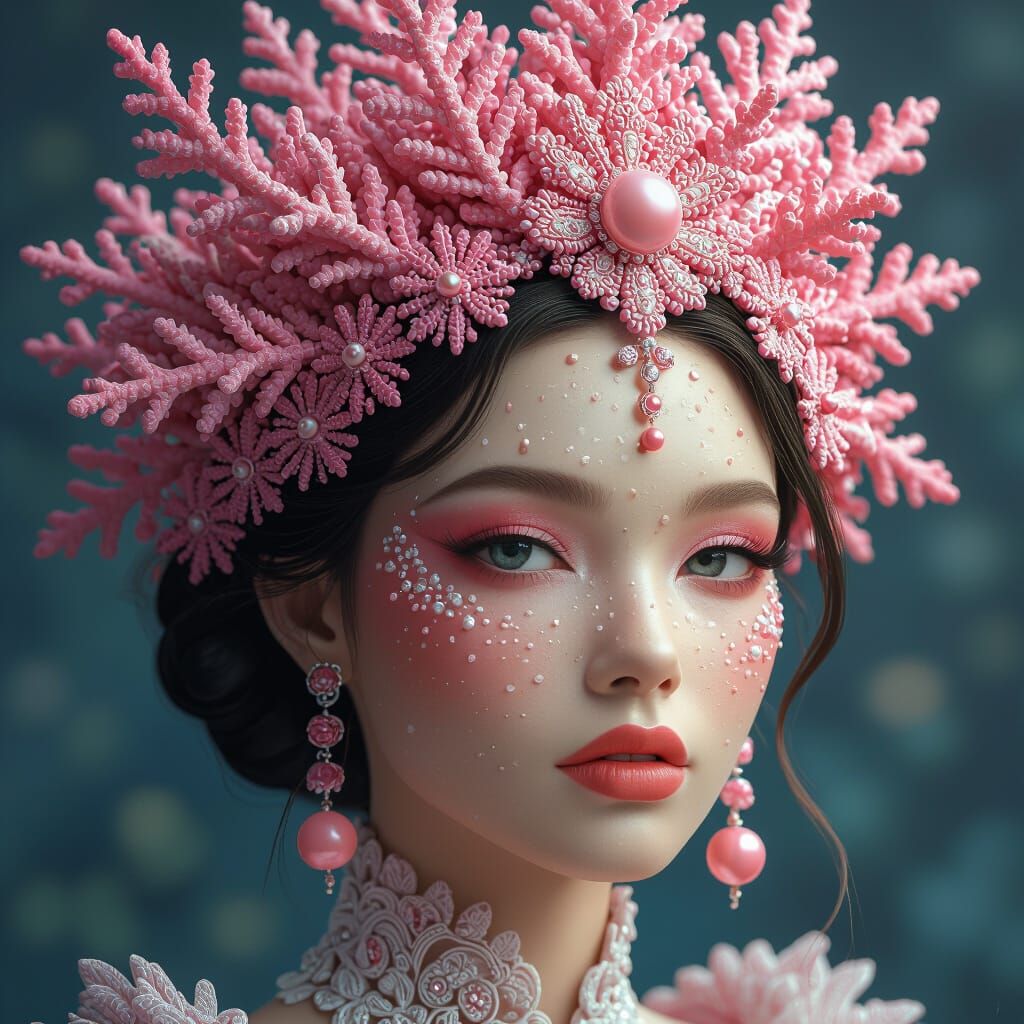Woman in 3D Makeup with Coral Crown