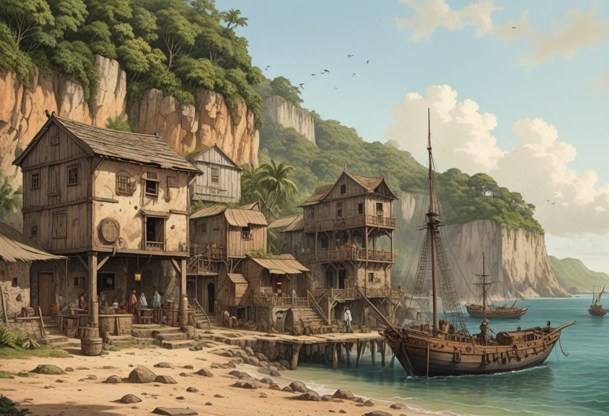 Vivid Pirate Town Illustration on Tropical Island