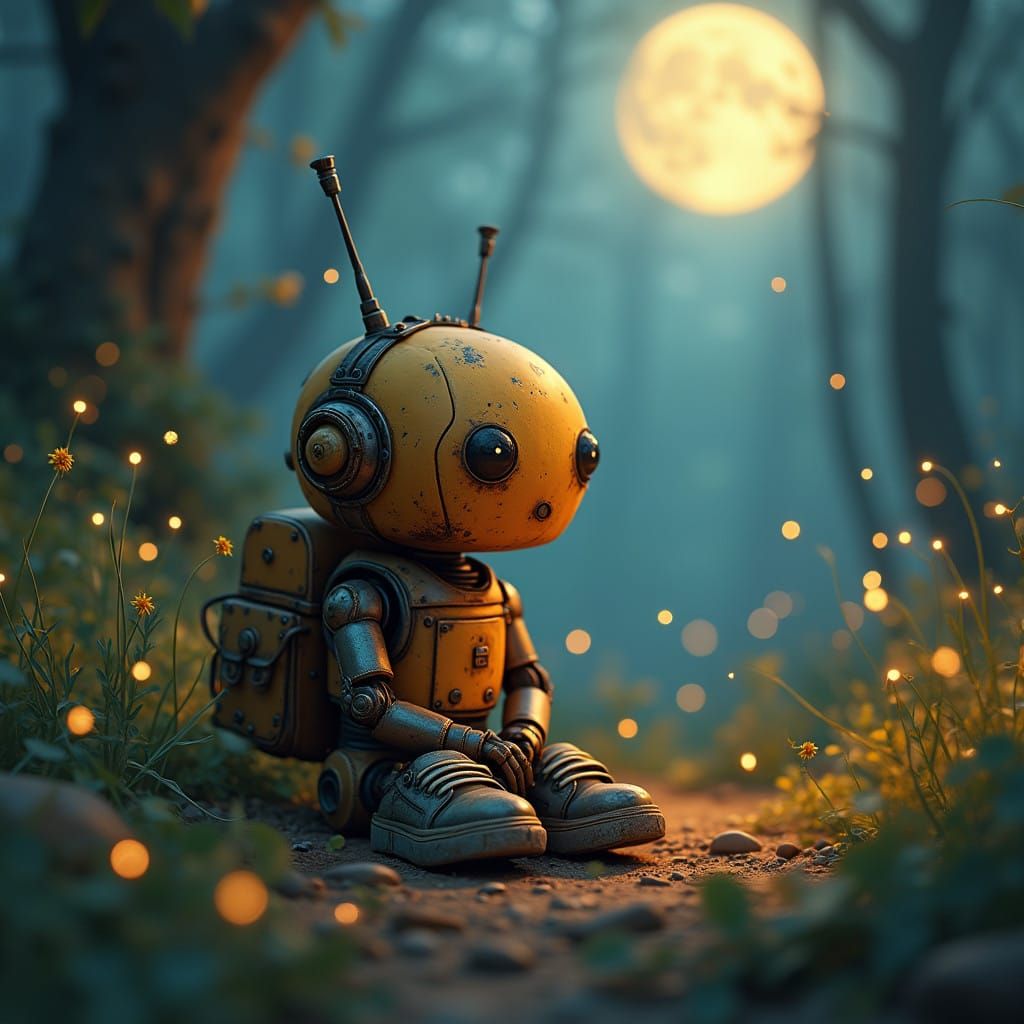 Rusty Robot in Moonlit Forest Glade