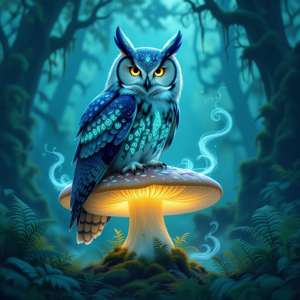 Majestic Owl with Glowing Runes on Bioluminescent Mushroom