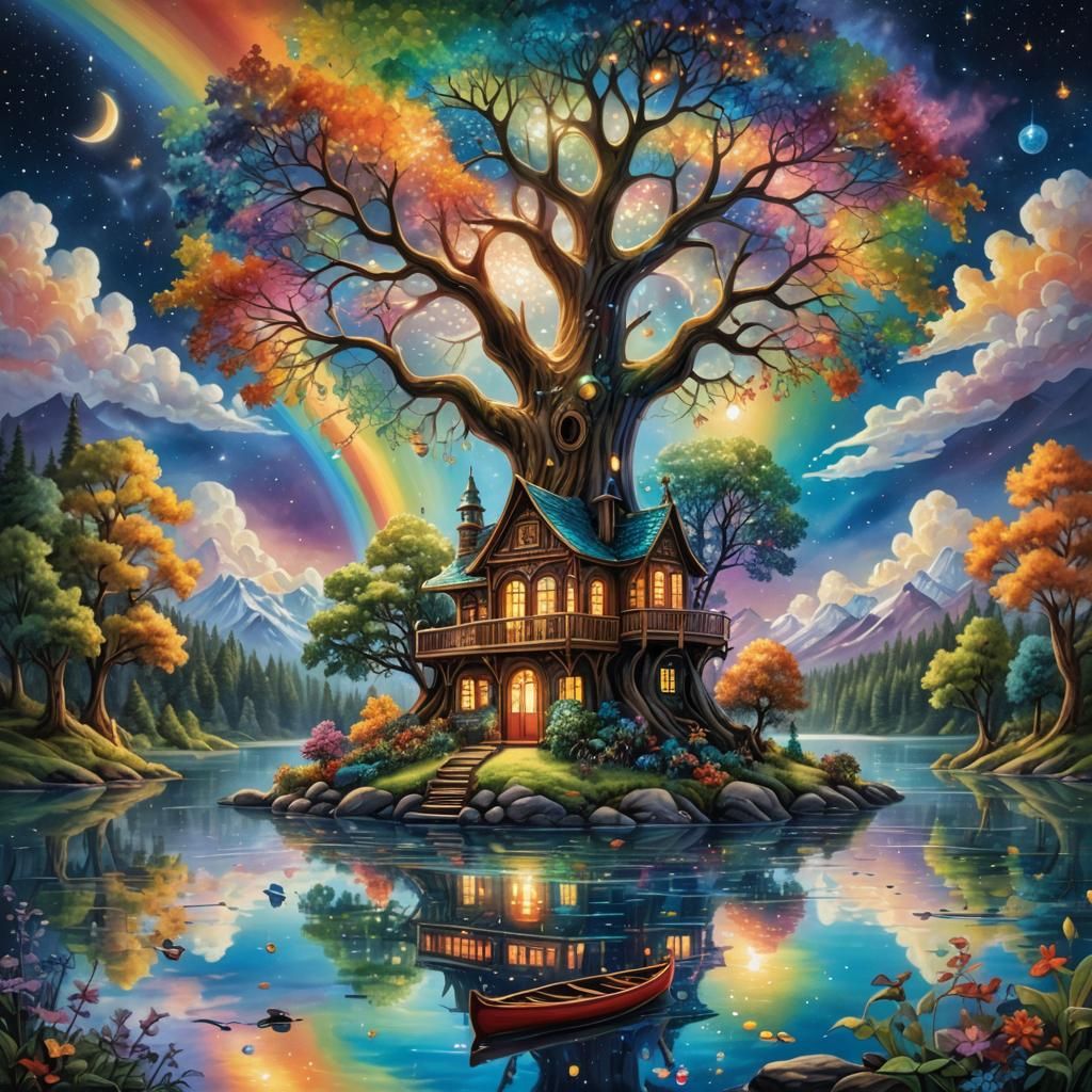 Rainbow Tree With Crystal Treehouse: Fresco Painting