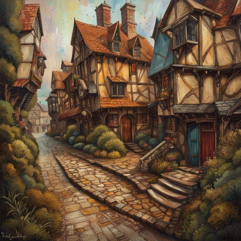 an elaborate painting with angled homes and roads