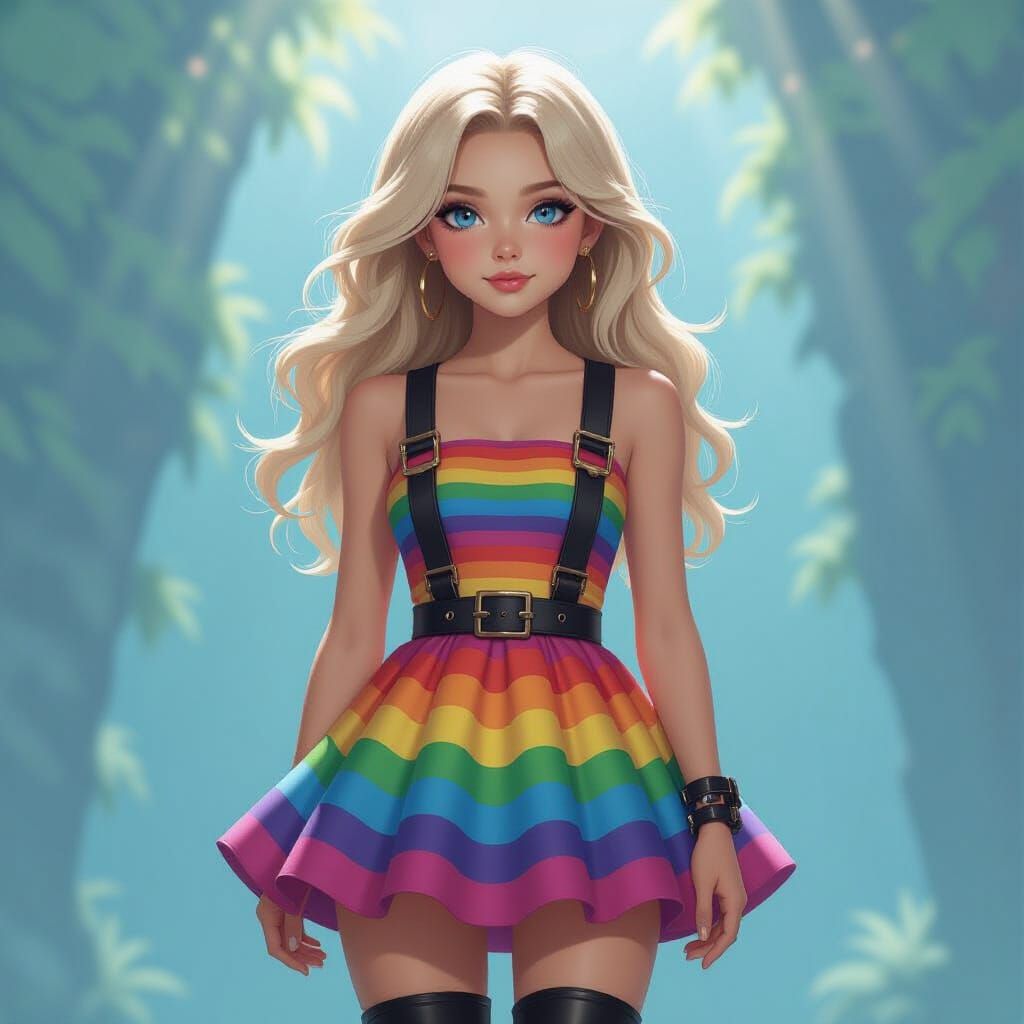 Blonde Girl in Rainbow Dress and Boots Portrait