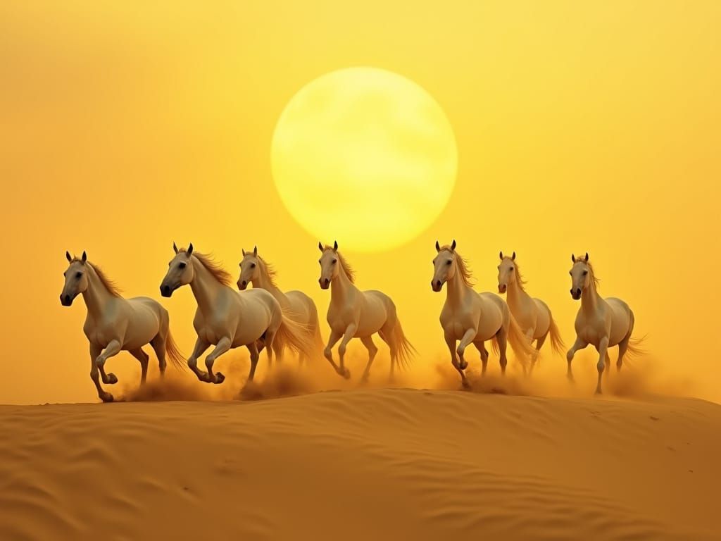 Vibrant Desert Dawn with Majestic White Horses