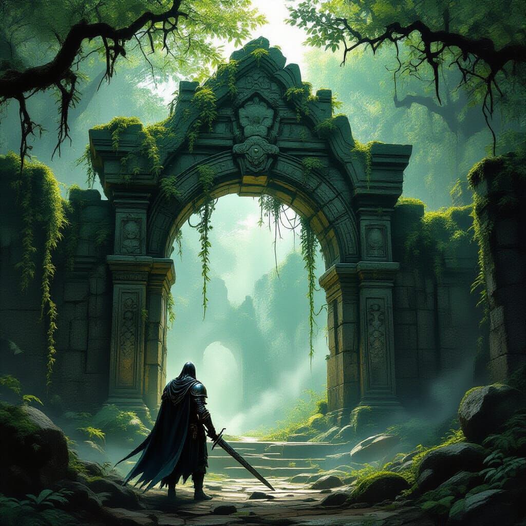 Knight Guards Ancient Temple Archway in Dark Fantasy Style