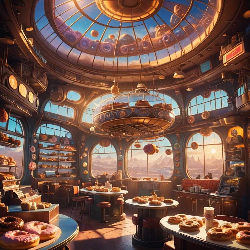 Airship Donut Shop Interior in Retro-Futuristic Style
