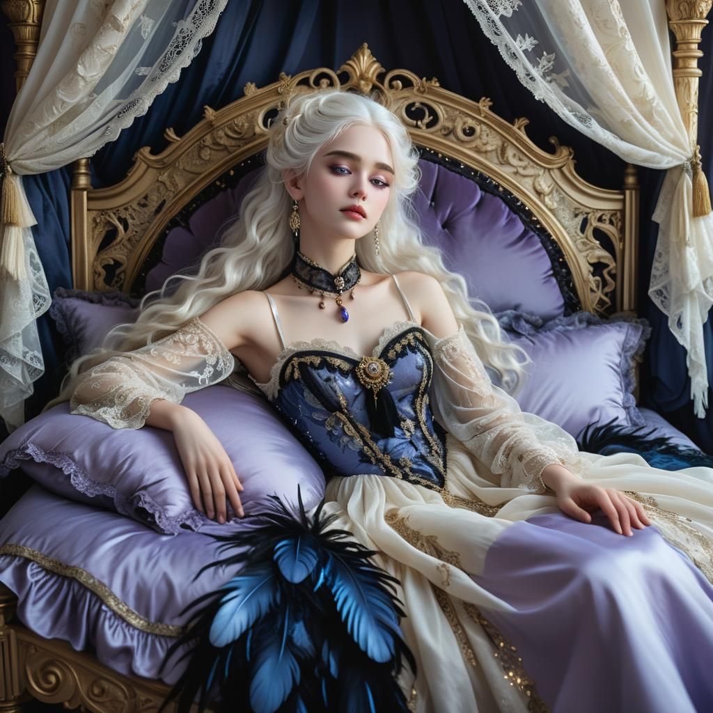 Ethereal Woman on Lavish Bed in Victorian Style