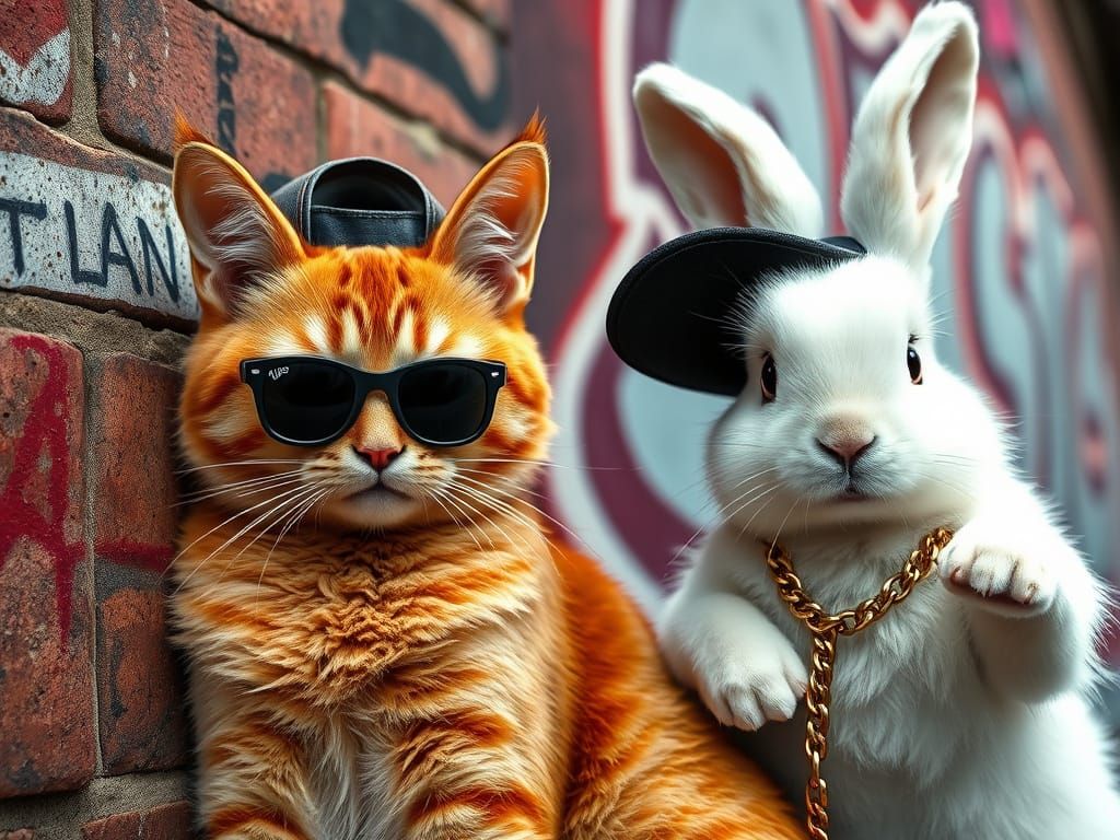 Cool Cats and Rabbits in Urban Graffiti Scene