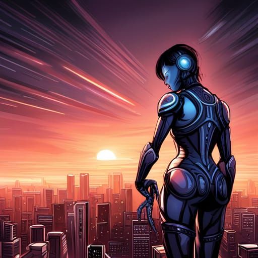 Dystopian Robot Woman in Comic Book Art Style