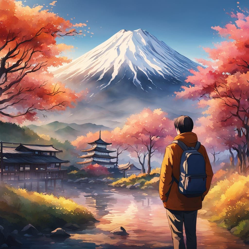 Mount Fuji Watercolor Painting with Golden Light