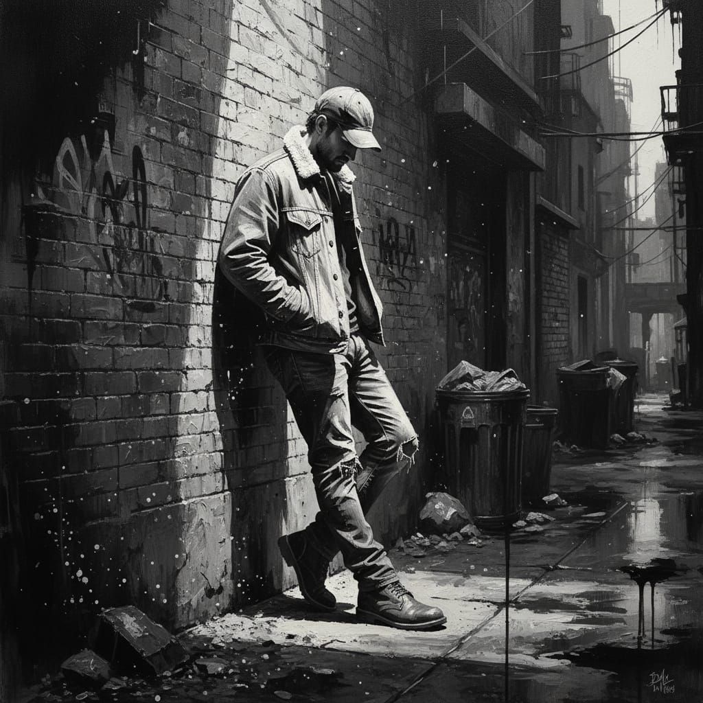 Lonely Man in Alley: Black and White Inksplash