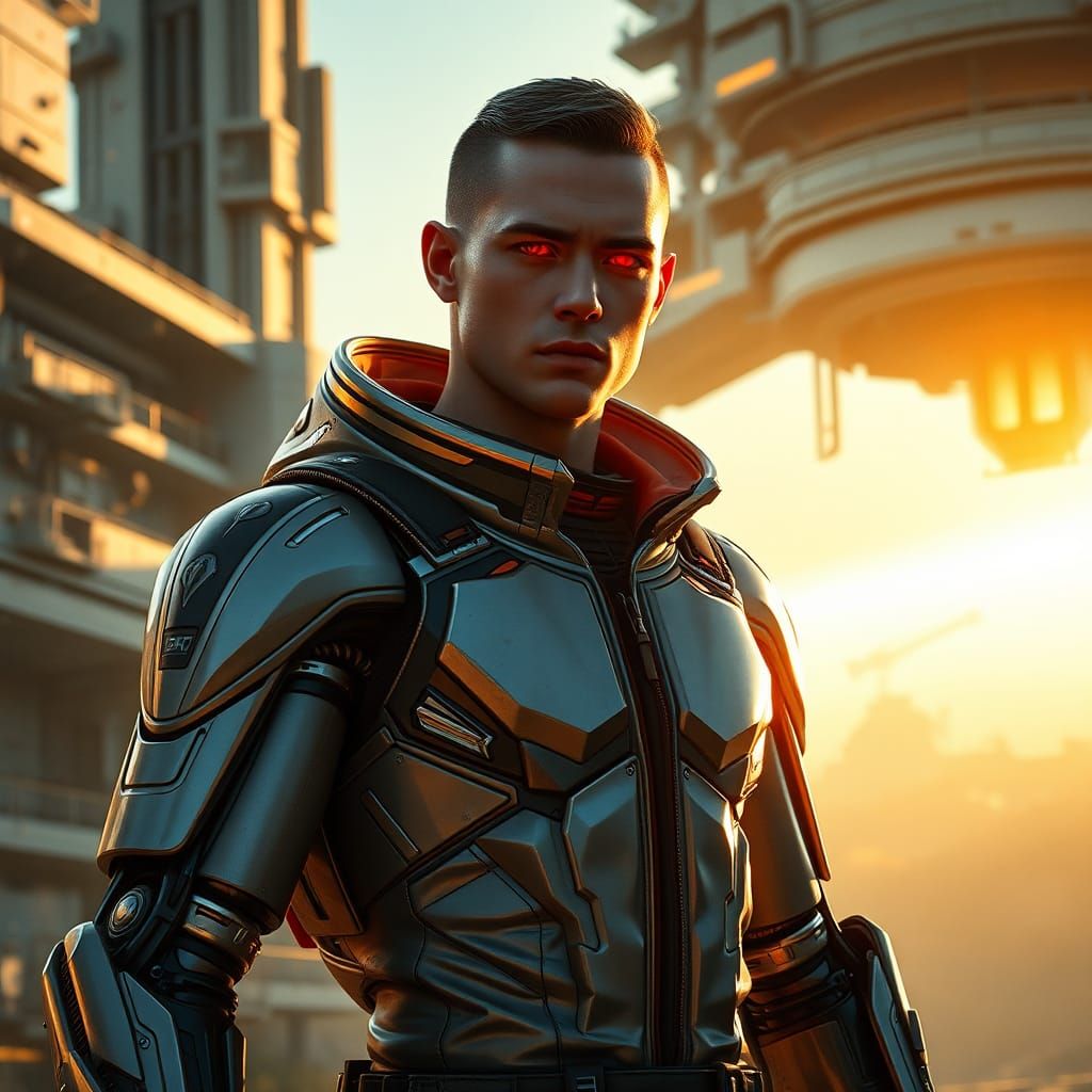 Cyborg in Flightsuit on Space Station, Detailed Matte Painti...