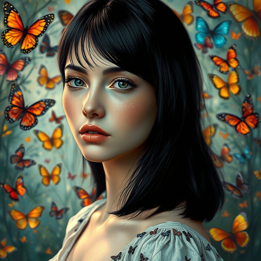 "3D illusion of Otherworldly butterflies wonderland at background. Pale skin layered contrast black fine mid cut hair be...