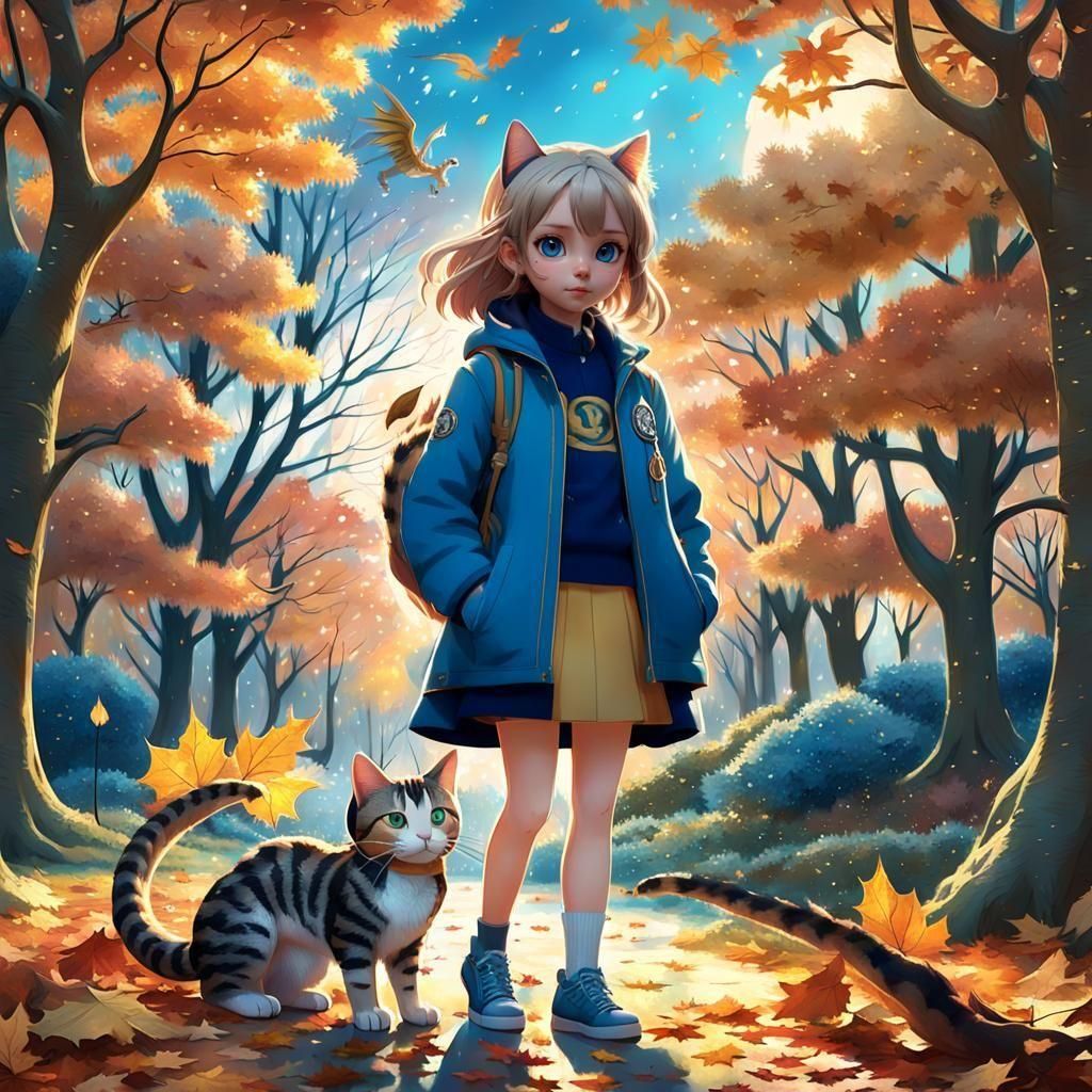 Girl with Cat and Dragon in Autumn Park - Anime Style