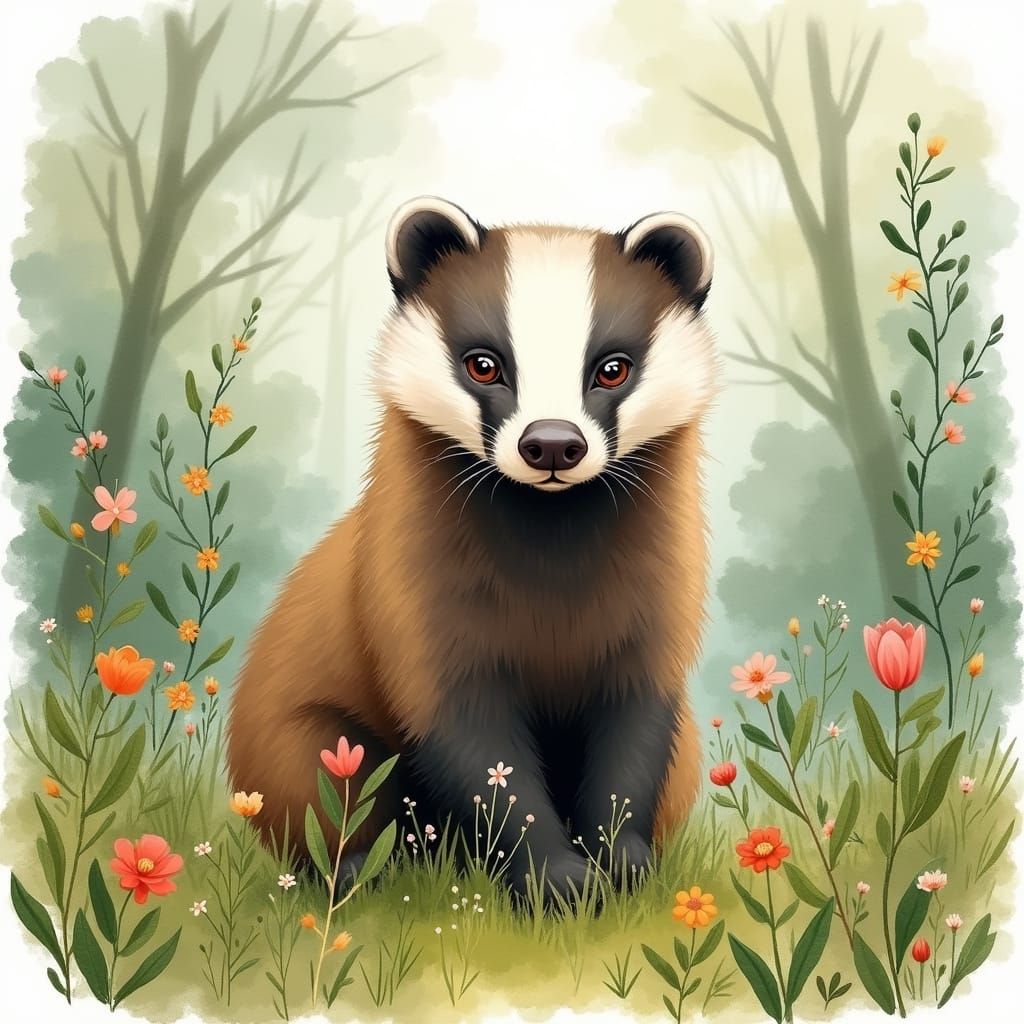 Whimsical Watercolor Badger in Enchanted Forest