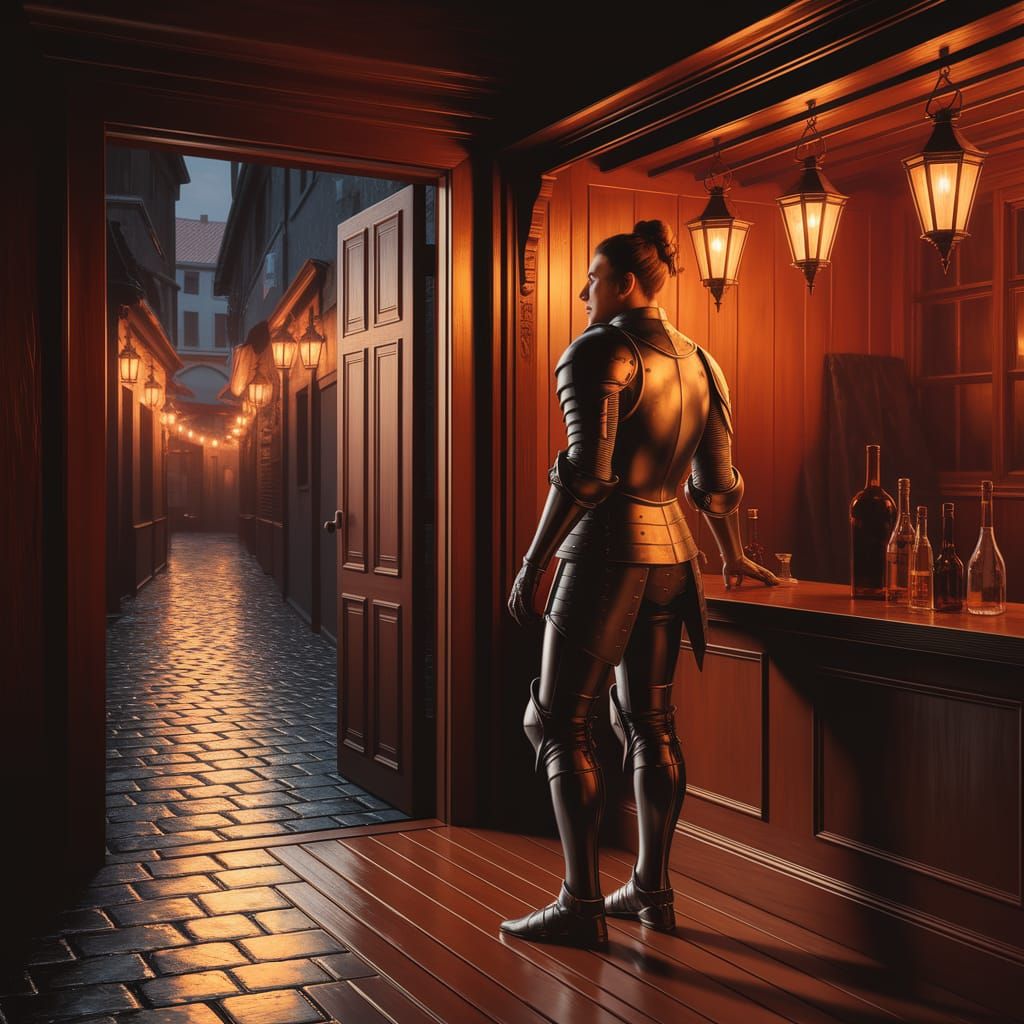 Brave Knight in Tavern, Modigliani & Caravaggio Style