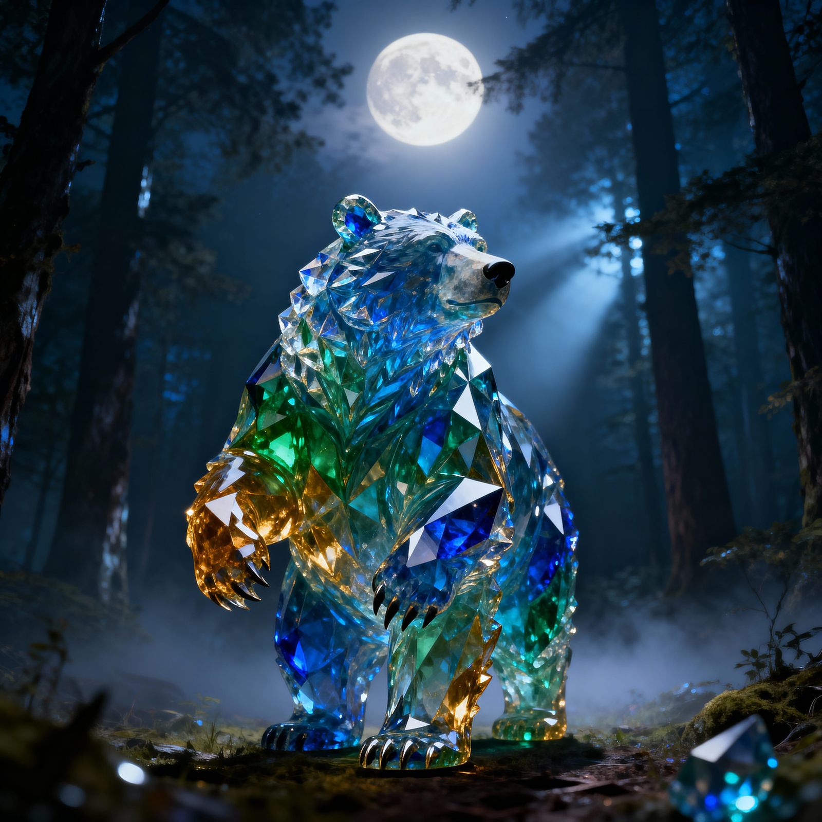 Crystal Bear Sculpture in Moonlit Forest