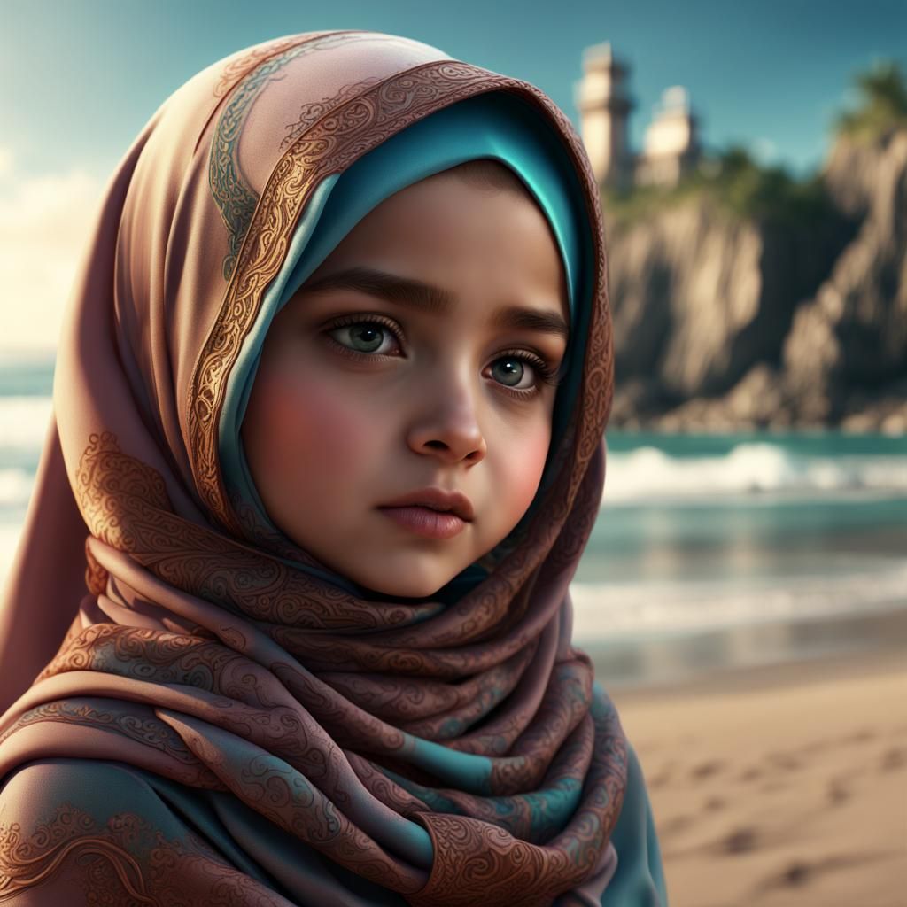Beautiful Girl with Hijab on Beach: Matte Painting