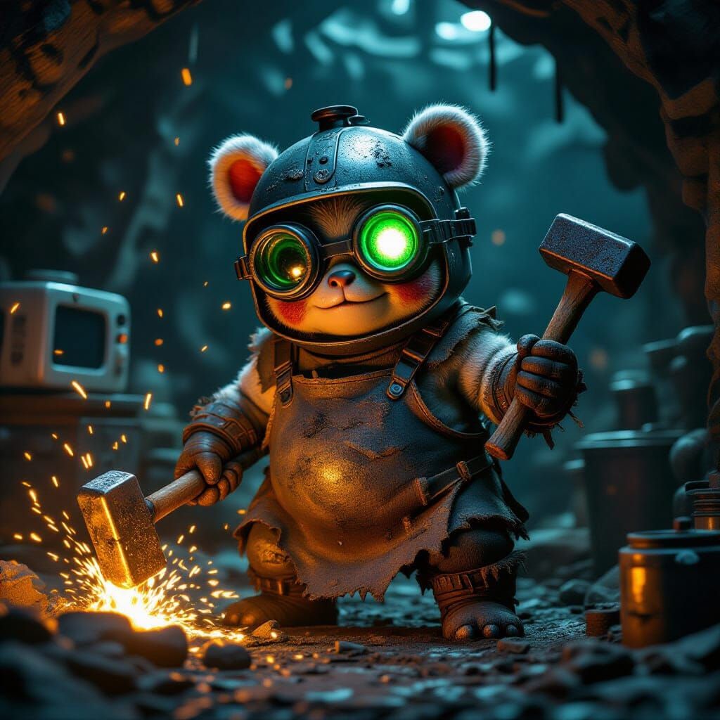Grotesquely Adorable Baby Blacksmith in Junkyard Forge