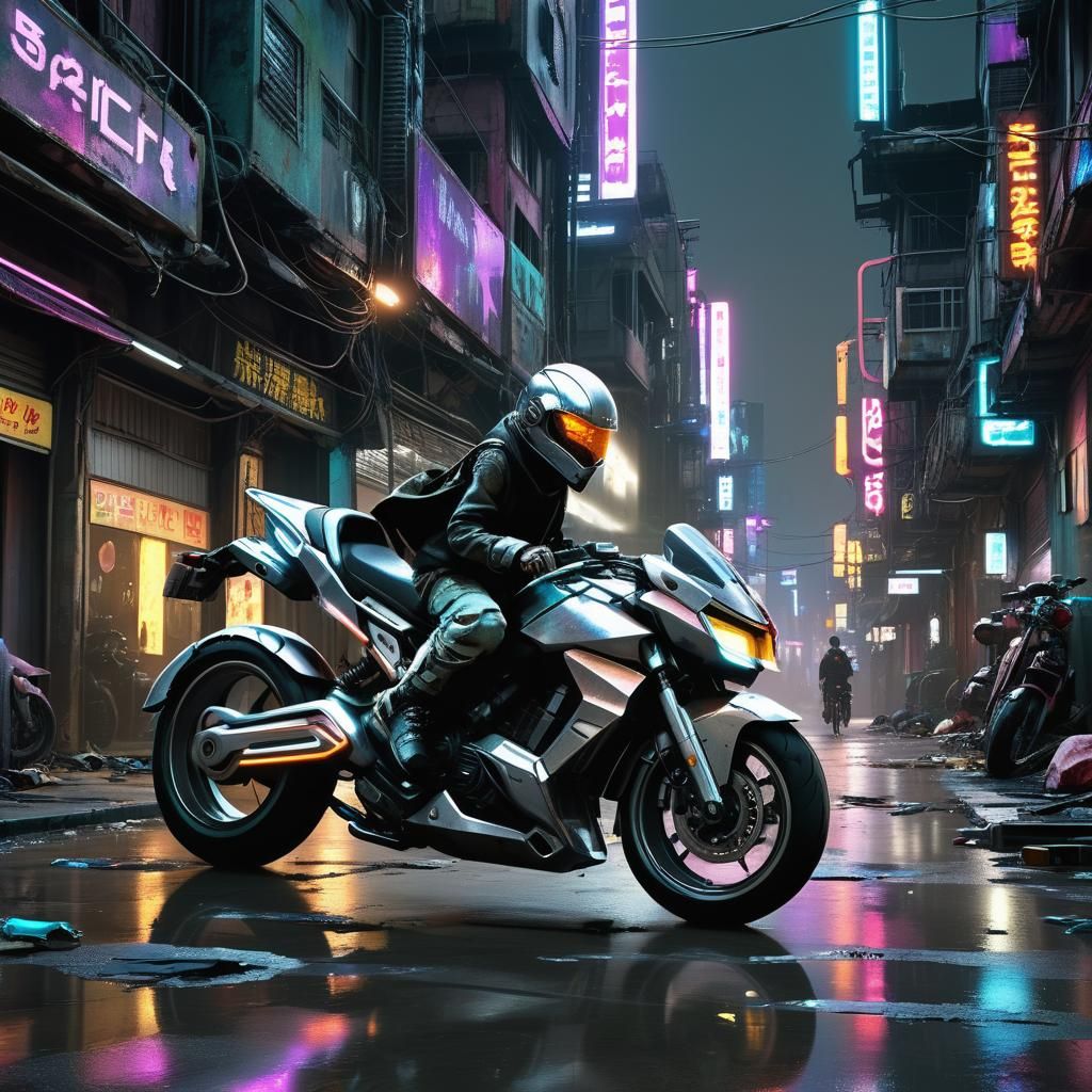 Cyberpunk Motorcycle with Child in Dystopian Cityscape
