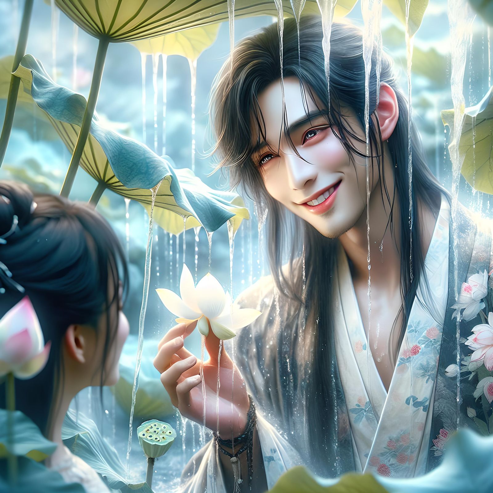 Lotus Offering in Ukiyo-e Style Near Waterfall