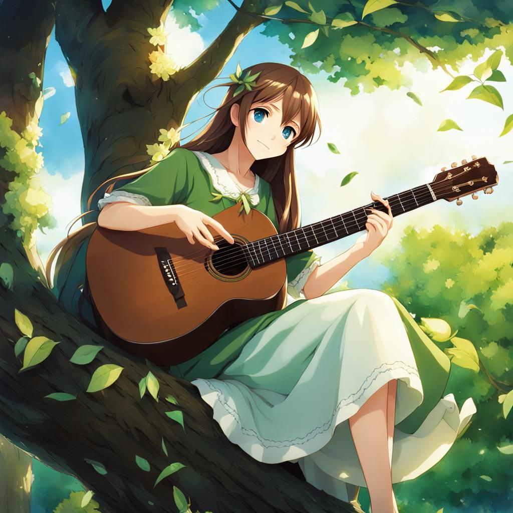 Woman on Branch Playing Guitar, Anime Style