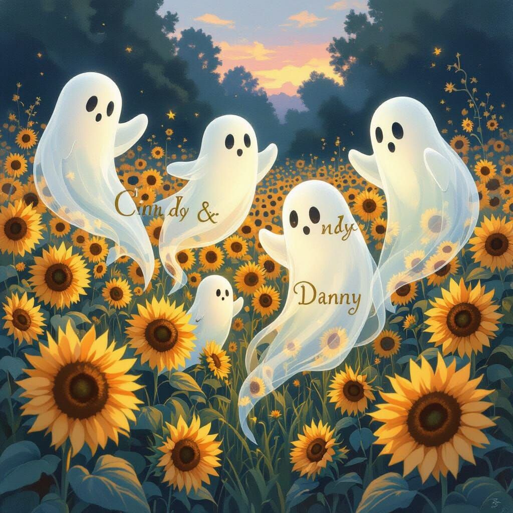 Ethereal Ghosts Float Through Sunflower Field in Fantasy Sty...
