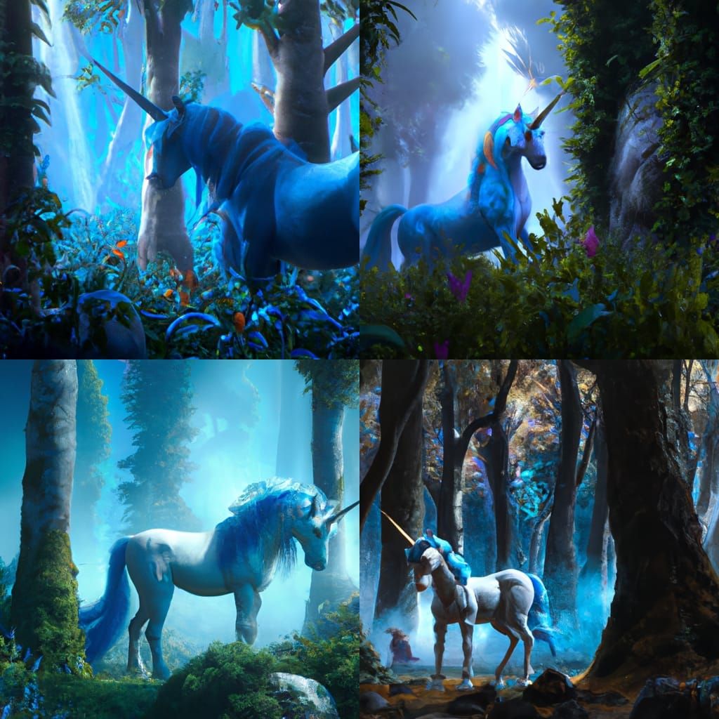 Blue Unicorn in Ethereal Forest: Detailed Matte Painting