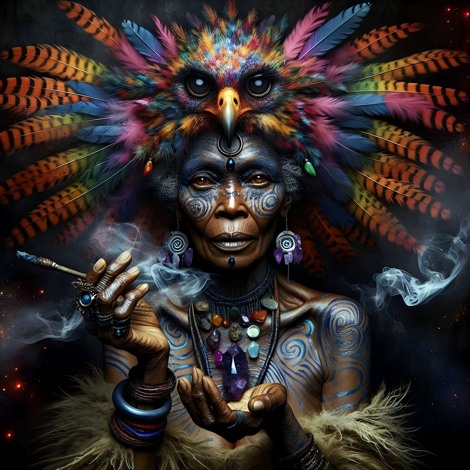 African Shaman Woman in Vibrant Oil Painting