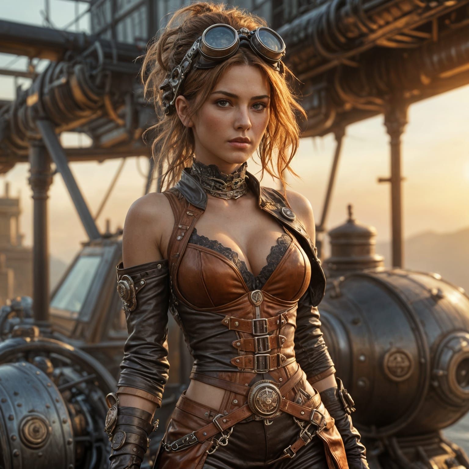 Steampunk Aviatrix with Goggles: Hyperrealistic Art