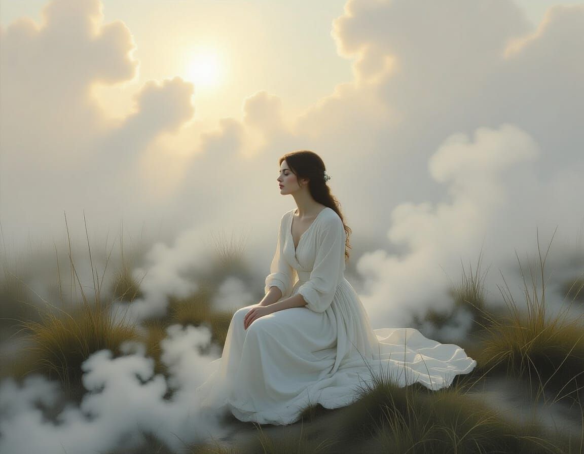 Serene Woman in Misty Landscape: Milky Oil Painting