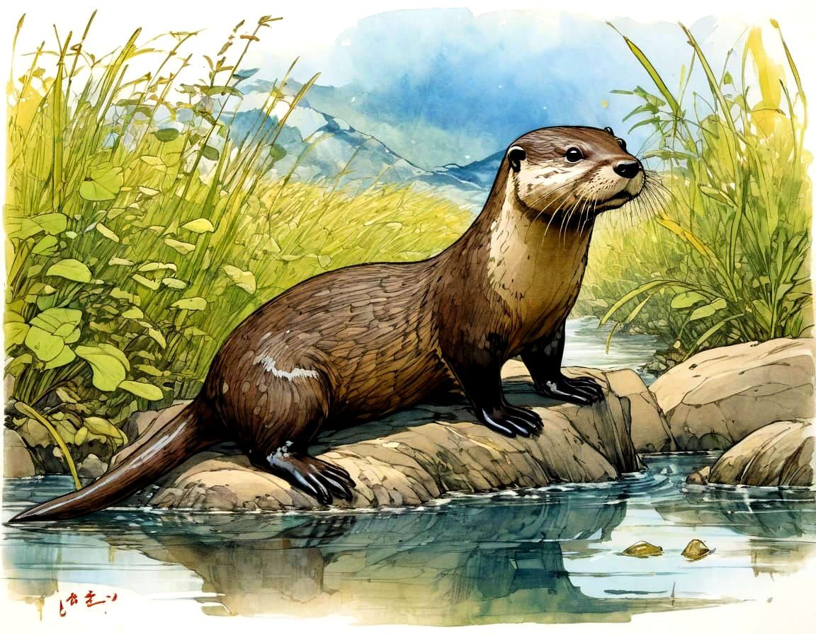 Japanese River Otter Illustration in Manga Style