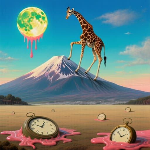Surreal Giraffe Ascends Mount Fuji Under Summer Moon