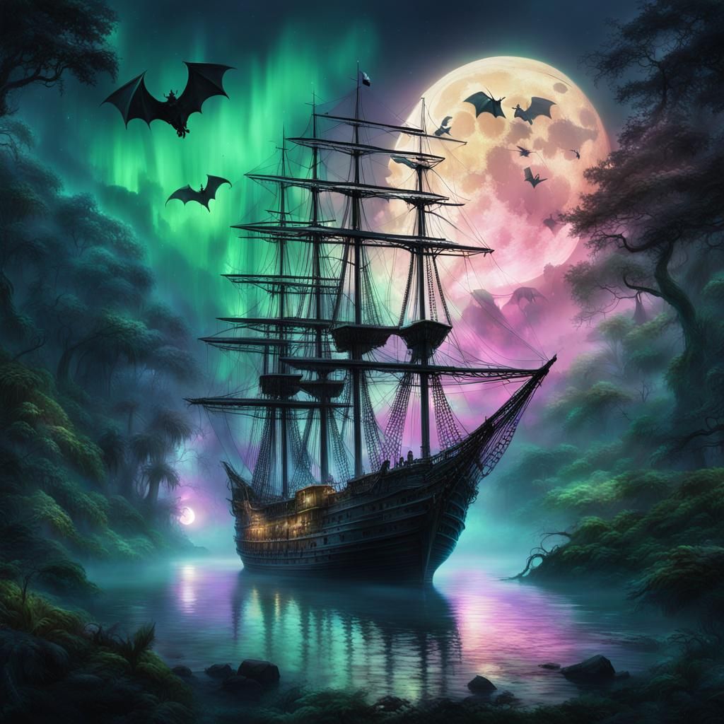 Gothic Rainforest Pirate Ship Under Aurora