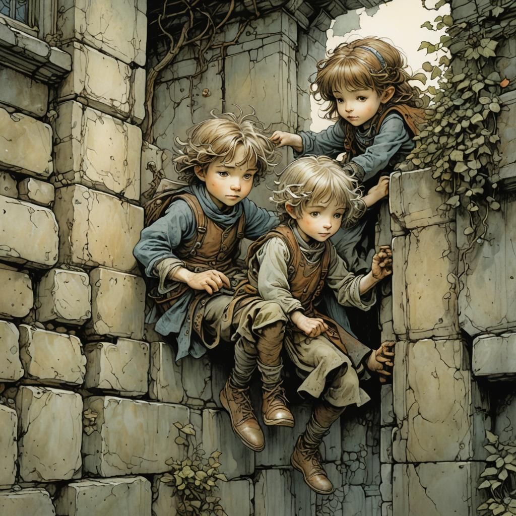 Children Climbing Wall, Illustrated Style