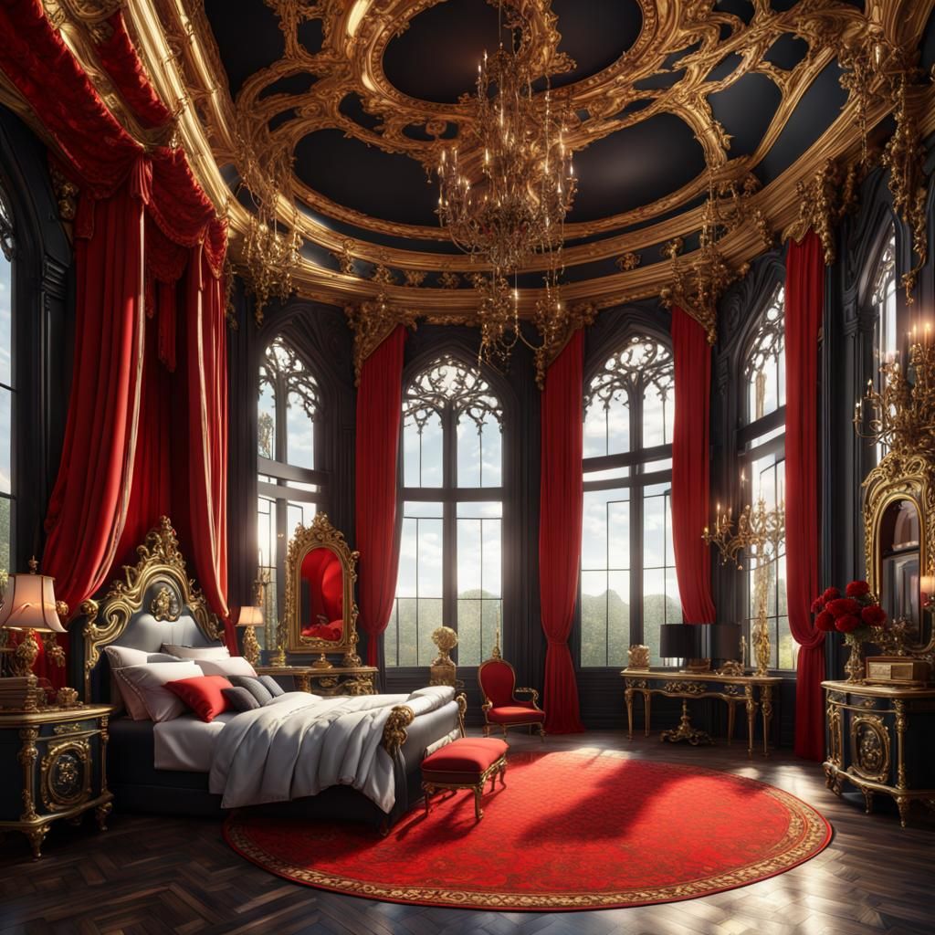 Opulent Rococo Gothic Bedroom with Gold Accents