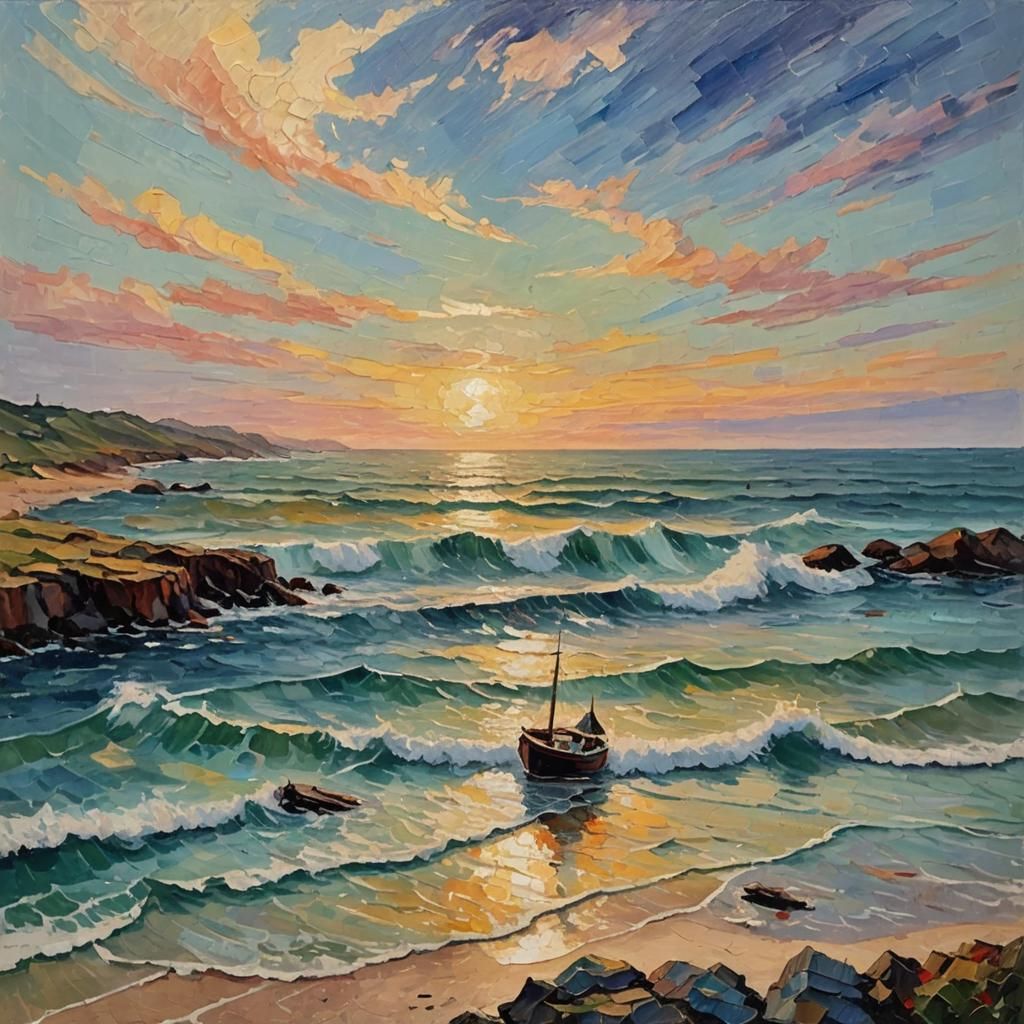 Expressionist Seascape with Impasto Acrylic Paint Textures